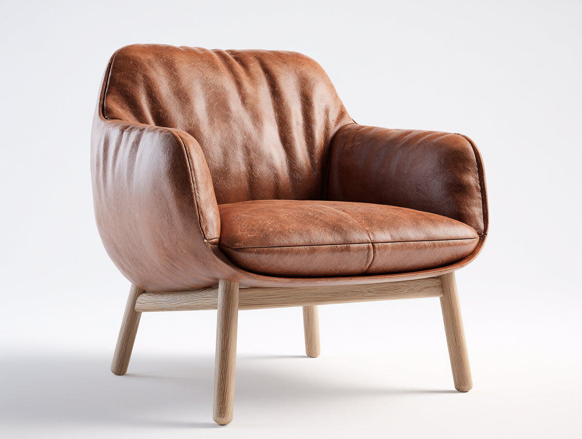 Fauteuil - cuir - bois - 82 x 78 x 78 cm - marron cognac-bois naturel - style moderne