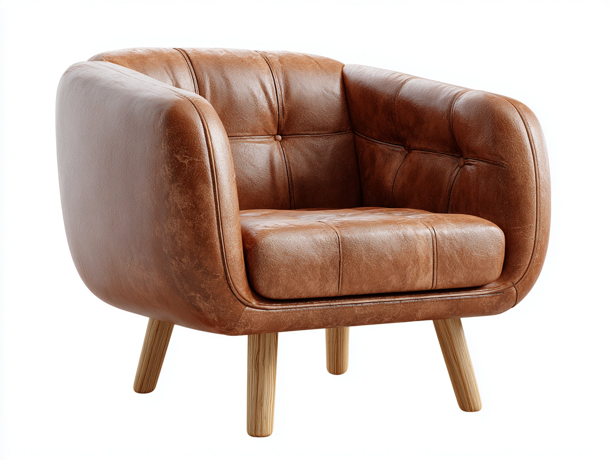 Fauteuil - cuir - bois - 84 x 79 x 78 cm - marron cognac-bois naturel - style rétro moderne