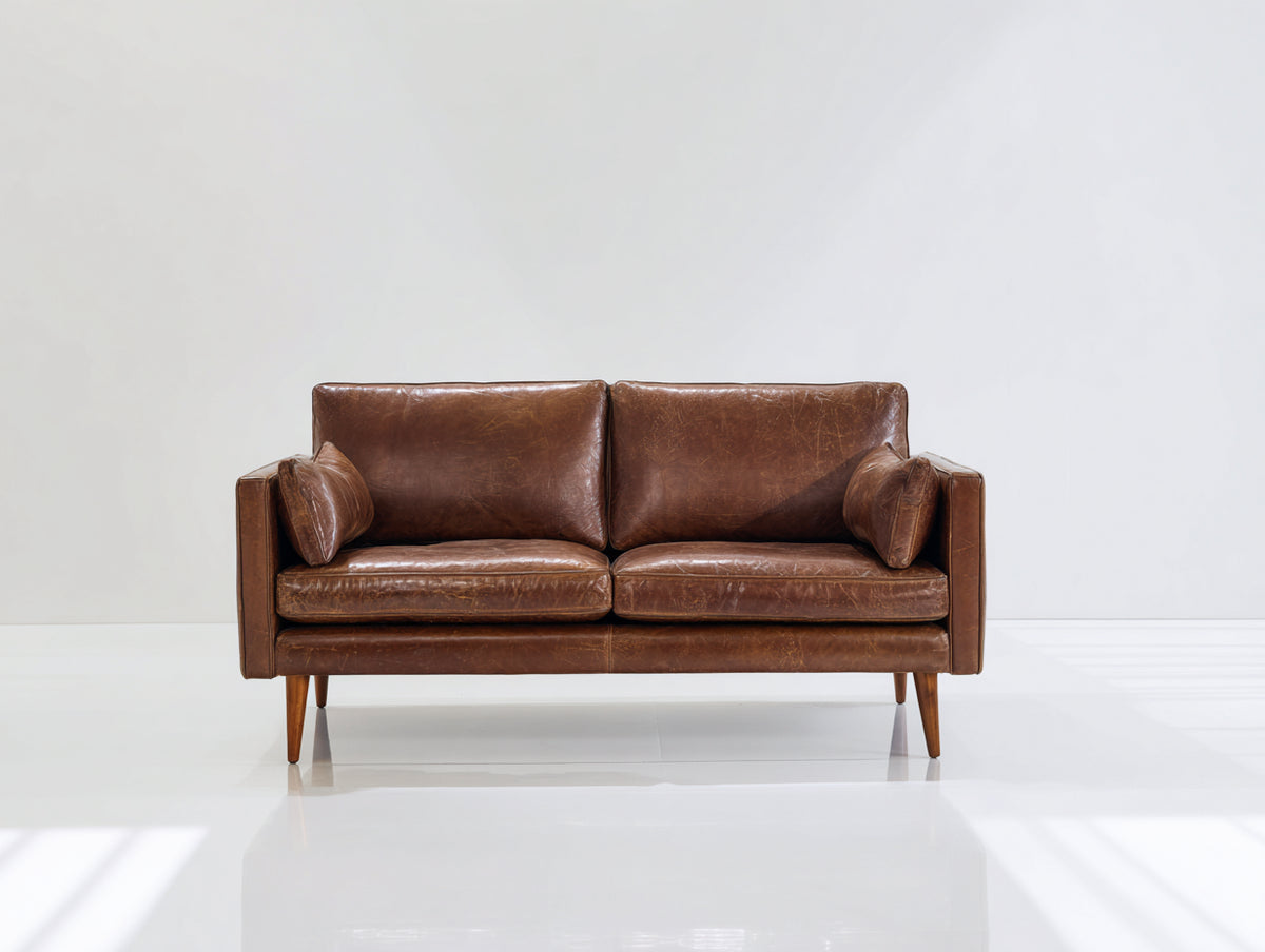 Canapé 2 places - cuir - 168x82x81 cm - marron cognac - style moderne rétro