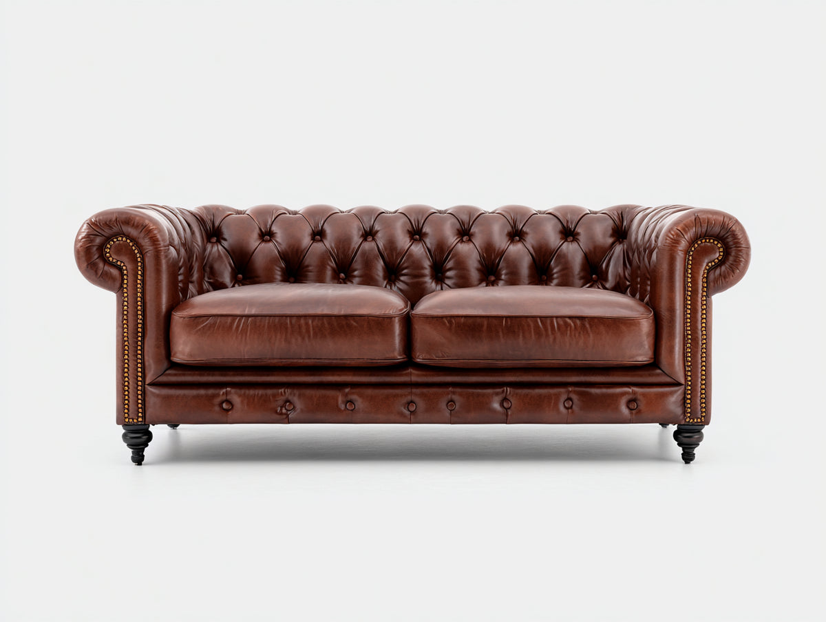 Canapé 2 places - cuir - 180x90x75 cm - marron - style Chesterfield