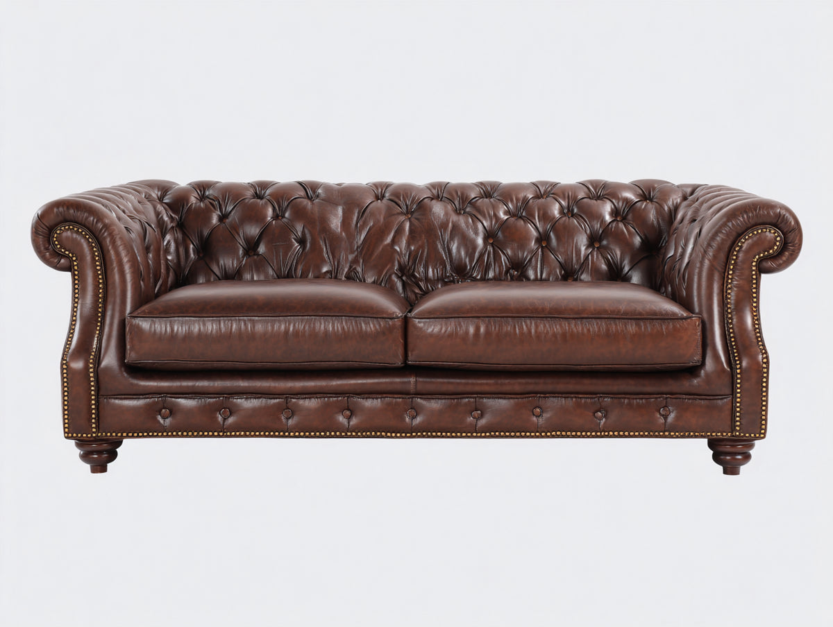 Canapé 2 places - cuir - 184x92x79 cm - marron foncé - style Chesterfield