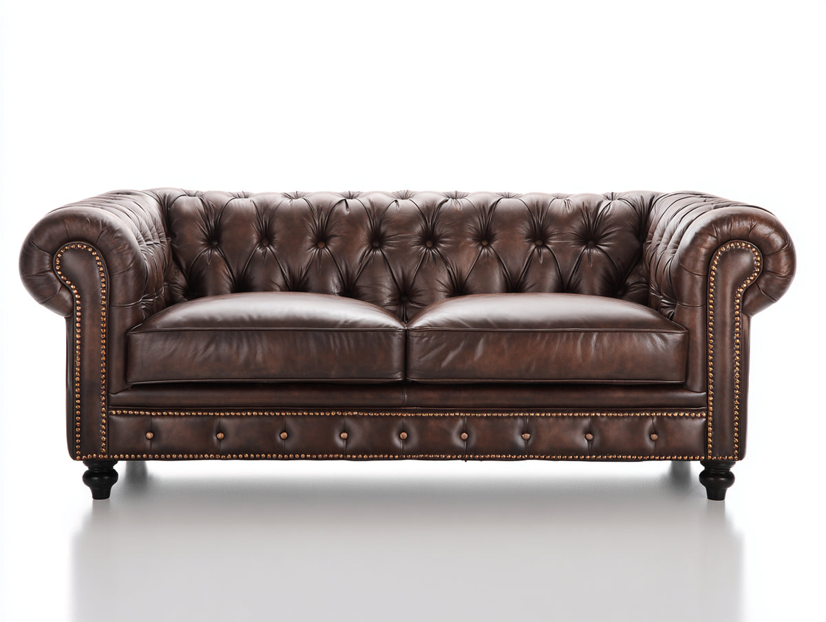 Canapé 2 places - cuir - 180x91x80 cm - marron foncé - style Chesterfield classique
