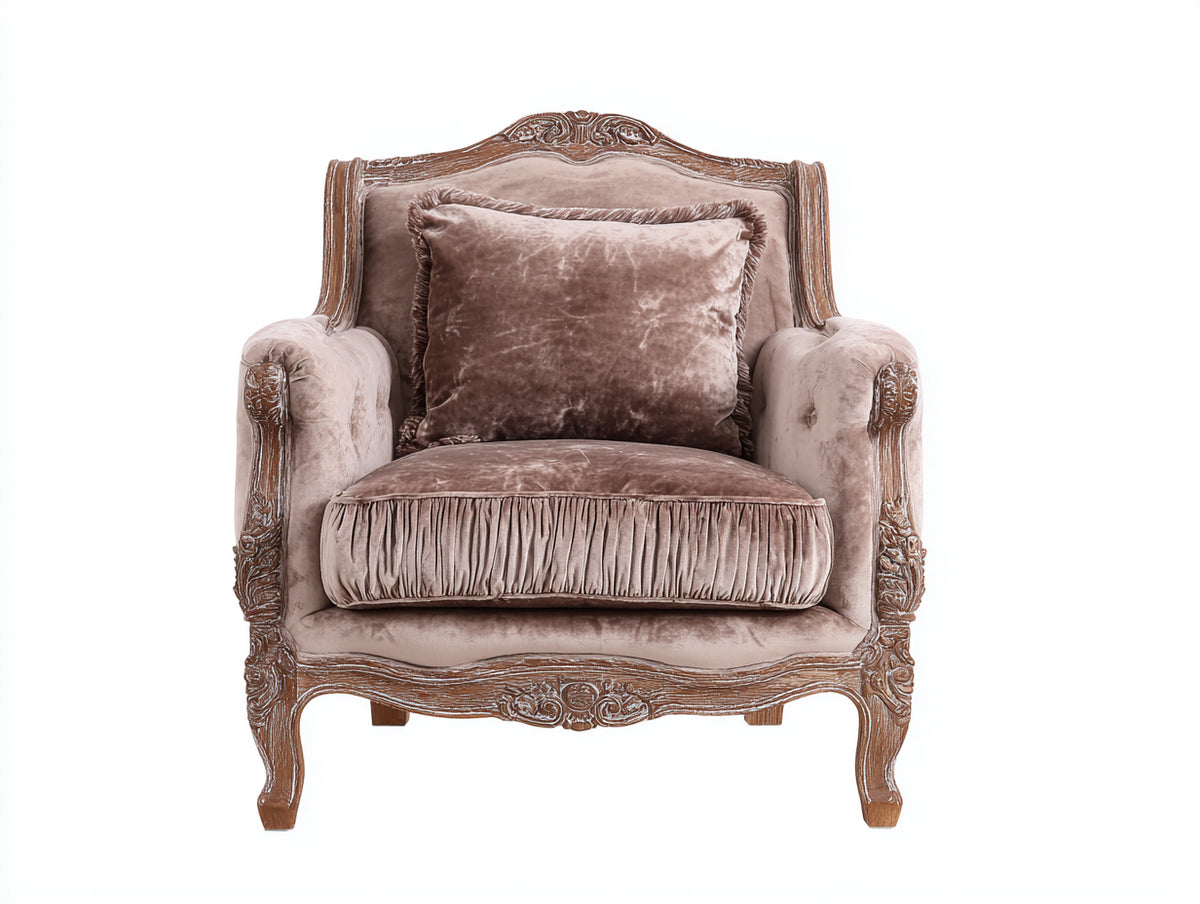 Fauteuil - velours - bois - 82 x 78 x 96 cm - taupe-bois brun - style classique baroque
