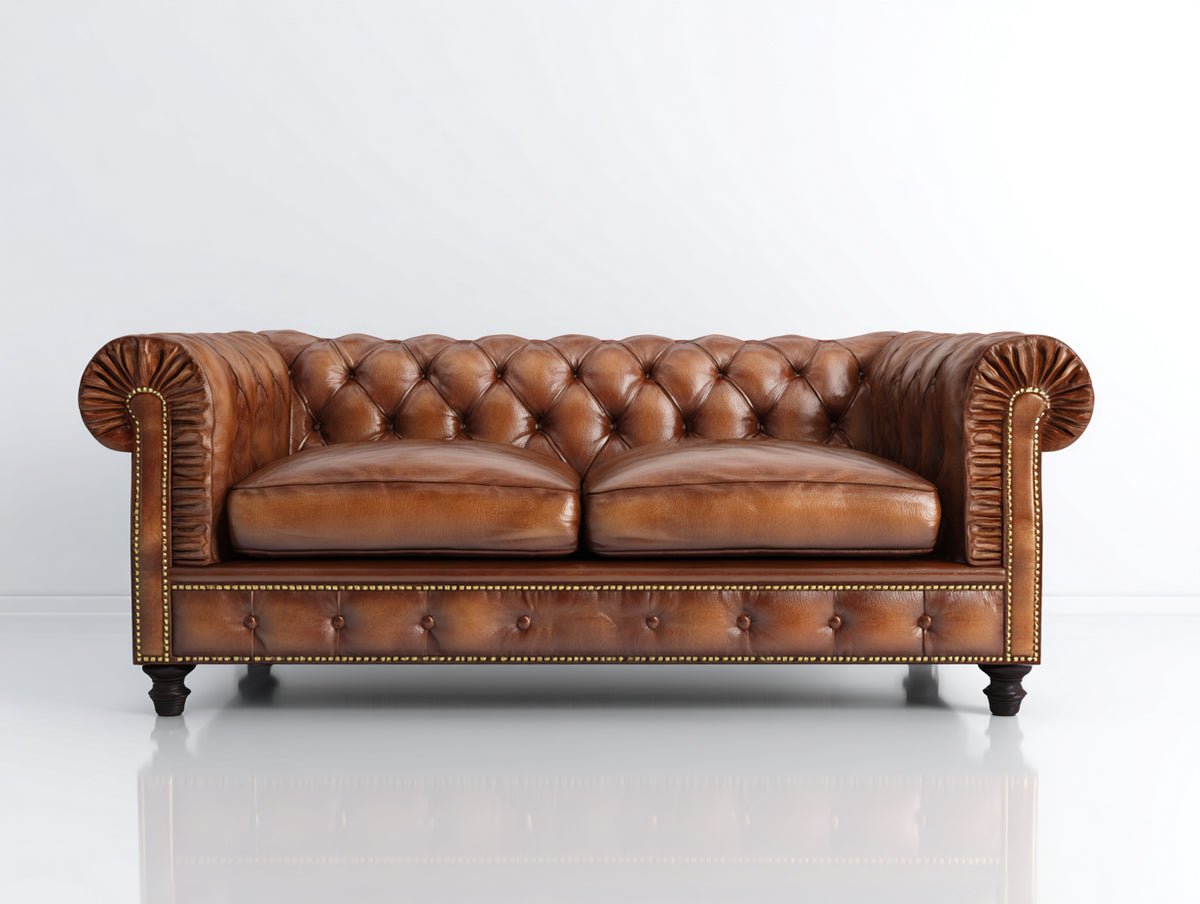 Canapé 2 places - cuir - 180x90x78 cm - marron caramel - style Chesterfield classique