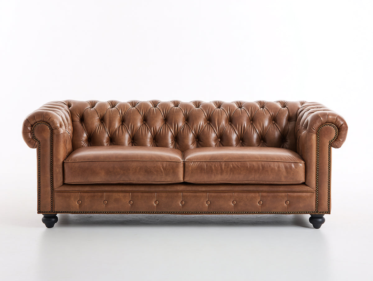 Canapé 2 places - cuir - 178x89x78 cm - marron camel - style Chesterfield
