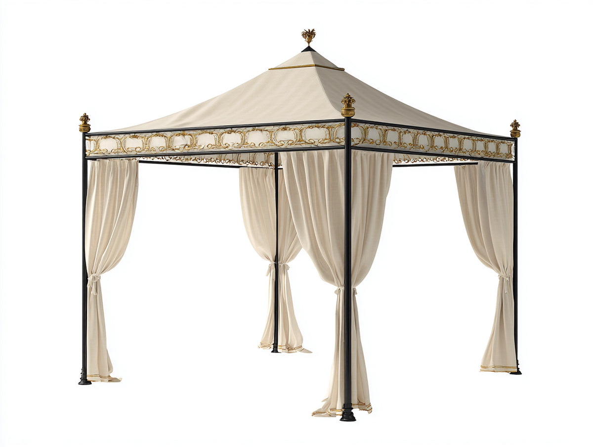 Tonnelle de jardin - Métal-Textile - 320x320x305 cm - Crème-Noir-Doré - Style classique