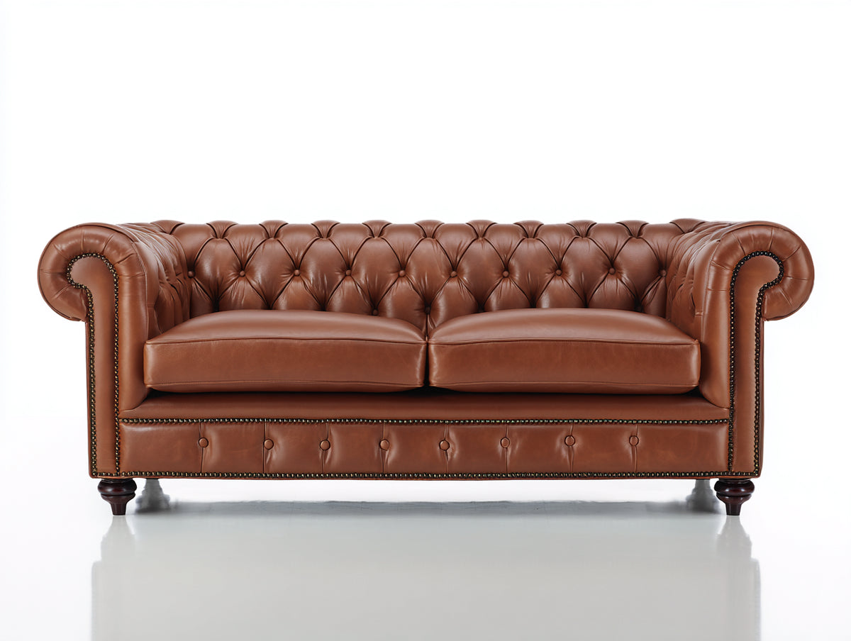 Canapé 2 places - cuir - 179x90x78 cm - marron cognac - style Chesterfield classique