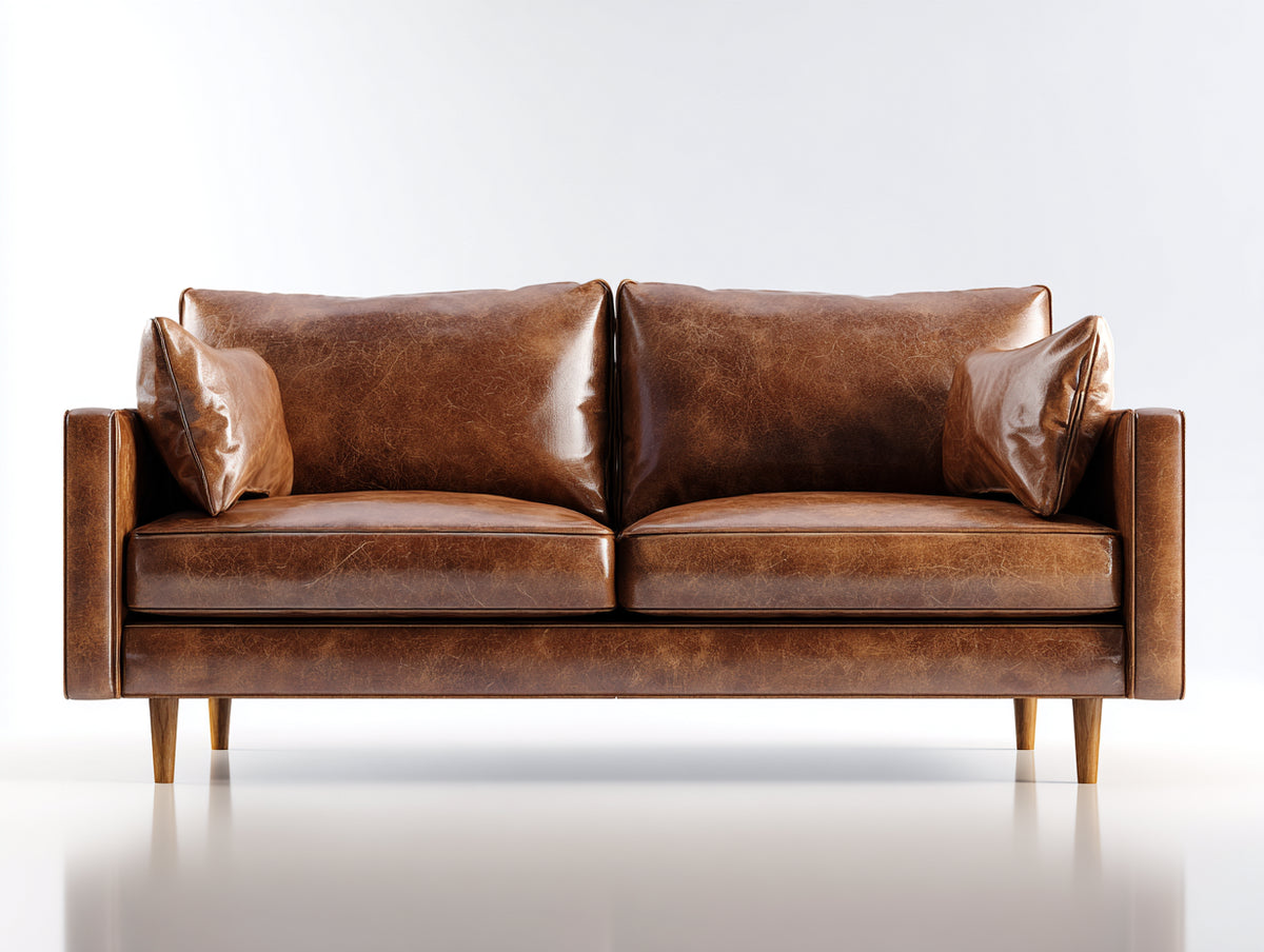 Canapé 2 places - cuir - 176x87x83 cm - marron cognac - style mid-century moderne