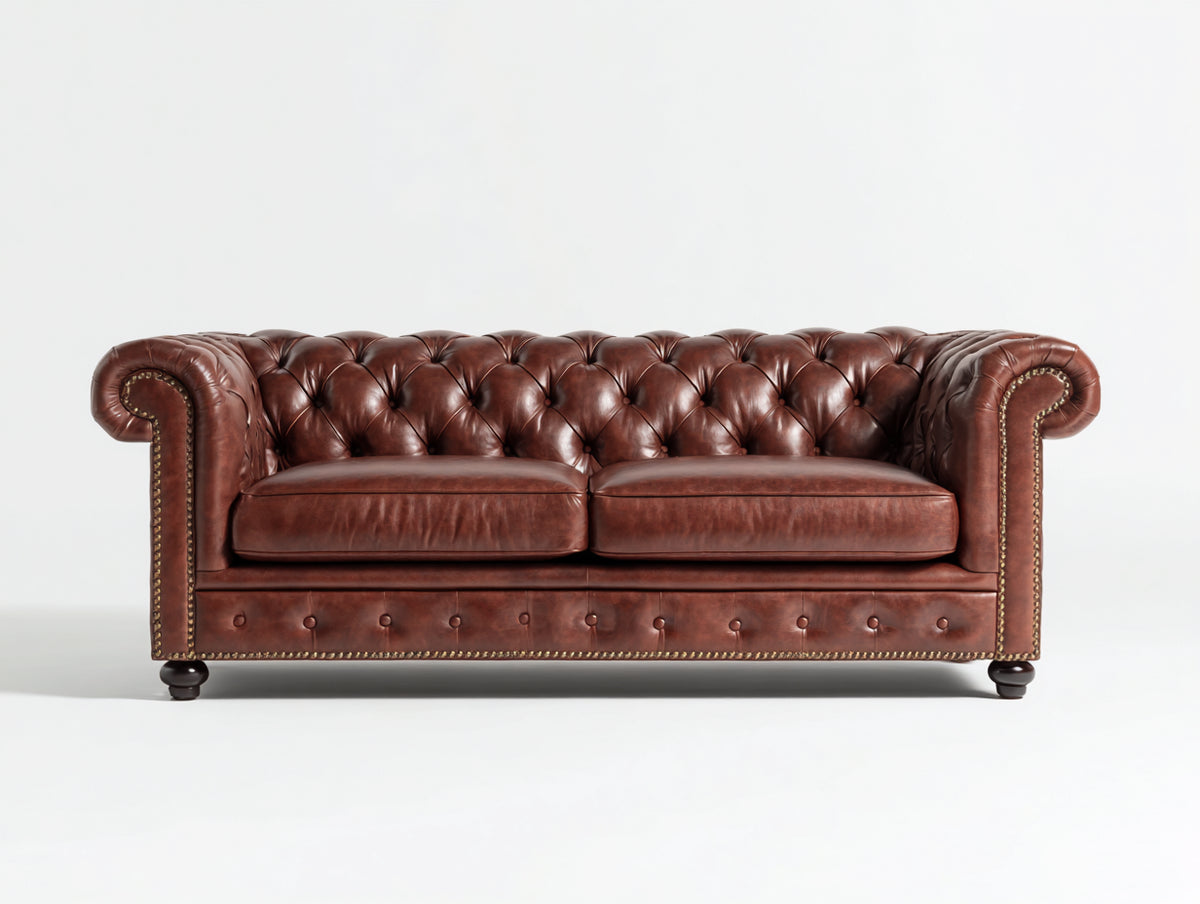 Canapé 2 places - cuir - 182x91x78 cm - marron acajou - style Chesterfield classique