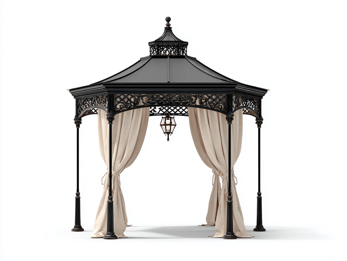Tonnelle de jardin - Métal-Textile - 300x300x315 cm - Noir-Crème - Style victorien