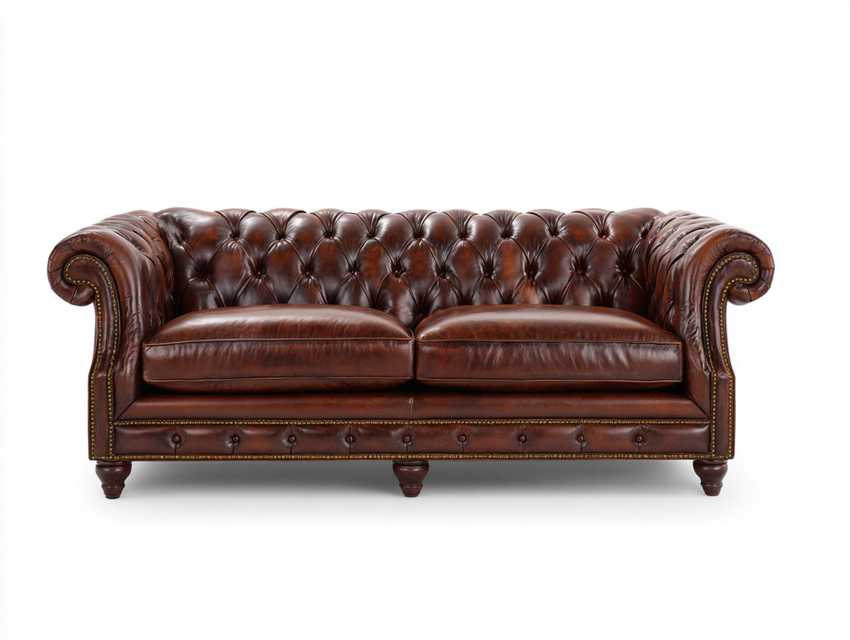 Canapé 2 places - cuir - 183x92x78 cm - marron acajou - style Chesterfield
