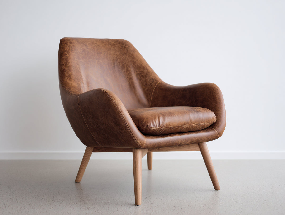 Fauteuil - cuir - bois - 80 x 78 x 86 cm - marron cognac-bois naturel - style scandinave moderne